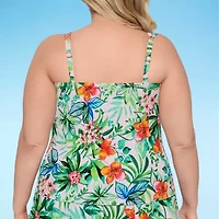 Liz Claiborne Womens Comfort Straps Lined Shirred Floral Plus Tankini Swimsuit Top
