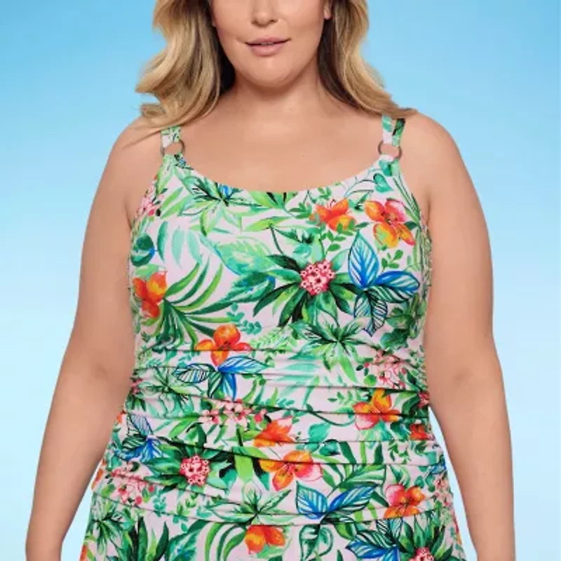 Liz Claiborne Womens Comfort Straps Lined Shirred Floral Plus Tankini Swimsuit Top