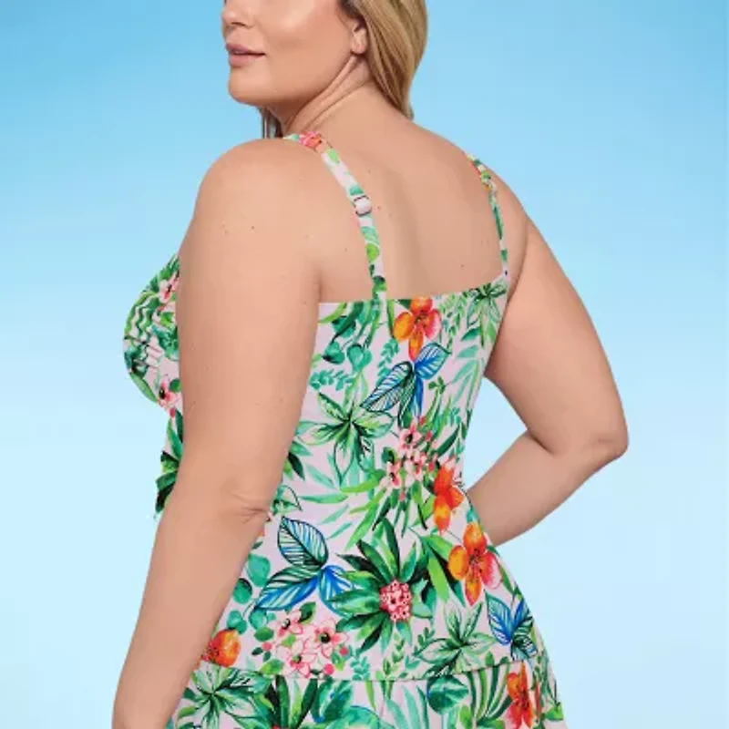 Liz Claiborne Womens Comfort Straps Lined Shirred Floral Plus Tankini Swimsuit Top