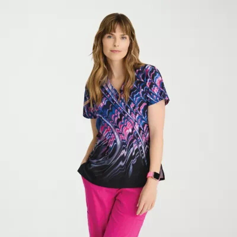Barco One 5107 Thrive 4-Pocket Print Womens V Neck Short Sleeve Stretch Fabric Moisture Wicking Scrub Top