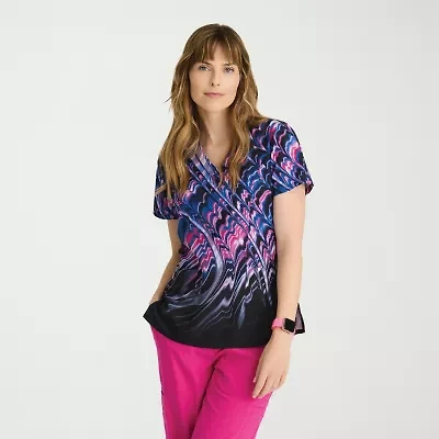 Barco One 5107 Thrive 4-Pocket Print Womens V Neck Short Sleeve Stretch Fabric Moisture Wicking Scrub Top