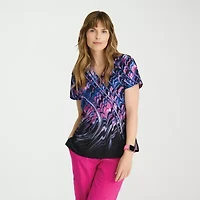 Barco One 5107 Thrive 4-Pocket Print Womens V Neck Short Sleeve Stretch Fabric Moisture Wicking Scrub Top
