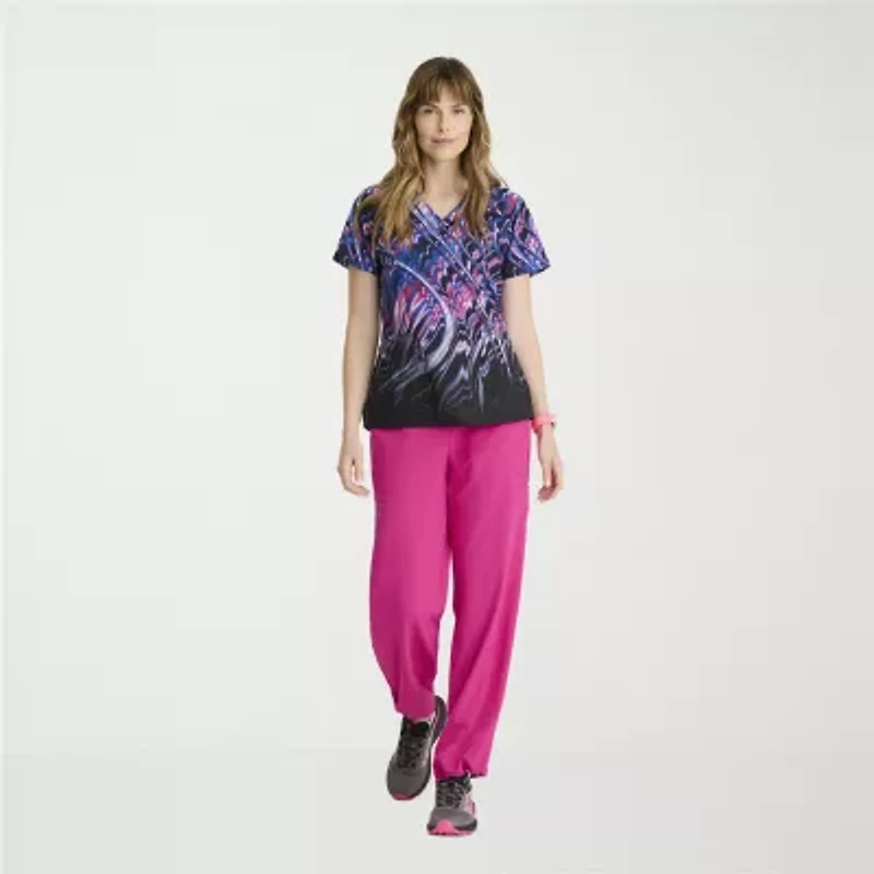 Barco One 5107 Thrive 4-Pocket Print Womens V Neck Short Sleeve Stretch Fabric Moisture Wicking Scrub Top