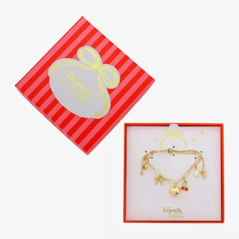 Bijoux Bar Delicates Gold Tone Womens Glass Bow Cherries Heart Charm Bracelet