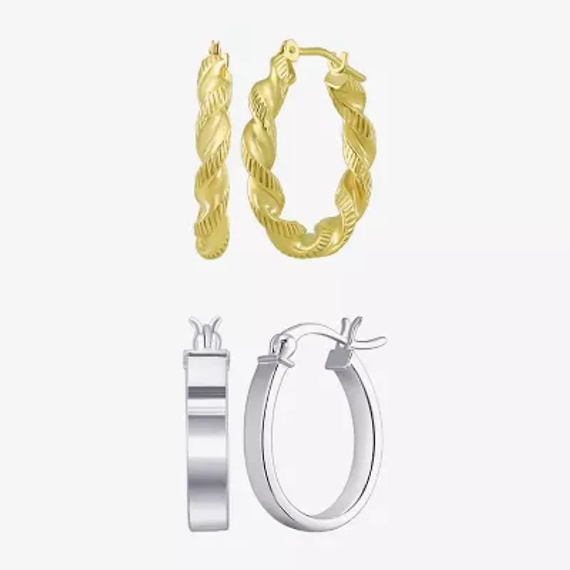 Womens 10K Gold Sterling Silver Oval Round 2 Pair Earring Set