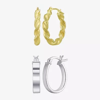 Womens 10K Gold Sterling Silver Oval Round 2 Pair Earring Set