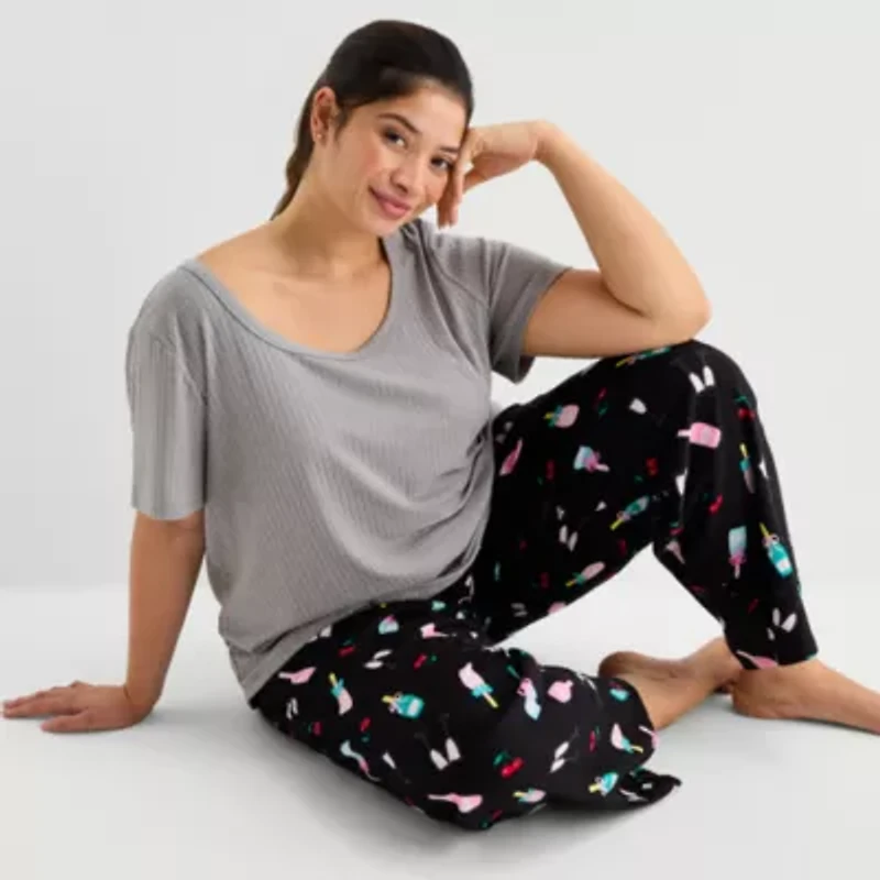 Sleep Chic Womens Rib Round Neck Short Sleeve Plus Pajama Top