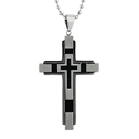 Mens Stainless Steel & Black IP Cross Pendant