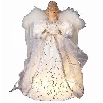 Kurt Adler 14" White And Silver Angel Lighted Christmas Tree Topper