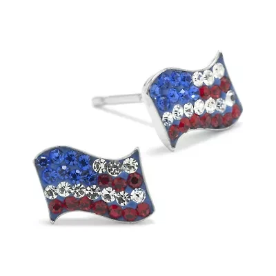 Silver Treasures American Flag Multi Color Crystal Sterling Silver 7.8mm Stud Earrings