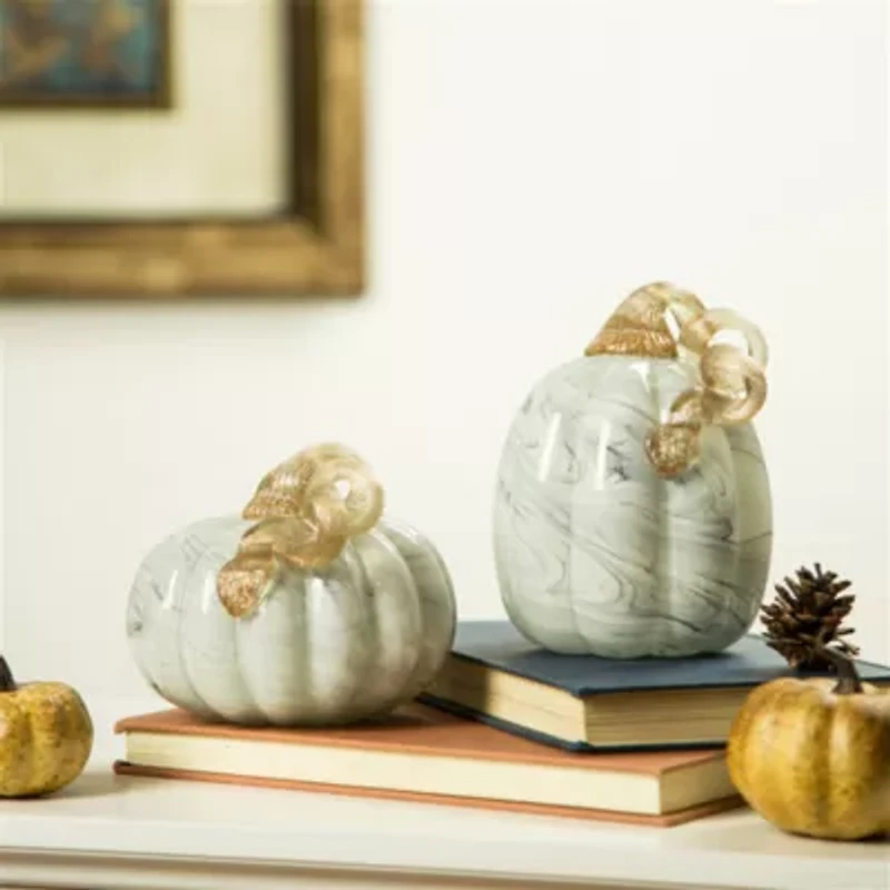 Glitzhome Marble Small Short Glass Pumpkin Thanksgiving Tabletop Decor