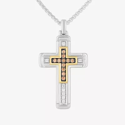 Mens 1/3 CT. T.W. Natural White Diamond 14K Gold Over Silver Sterling Silver Cross 22 Inch Pendant Necklace