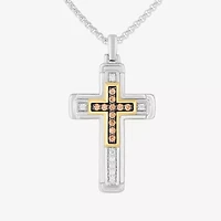Mens 1/3 CT. T.W. Natural White Diamond 14K Gold Over Silver Sterling Silver Cross 22 Inch Pendant Necklace
