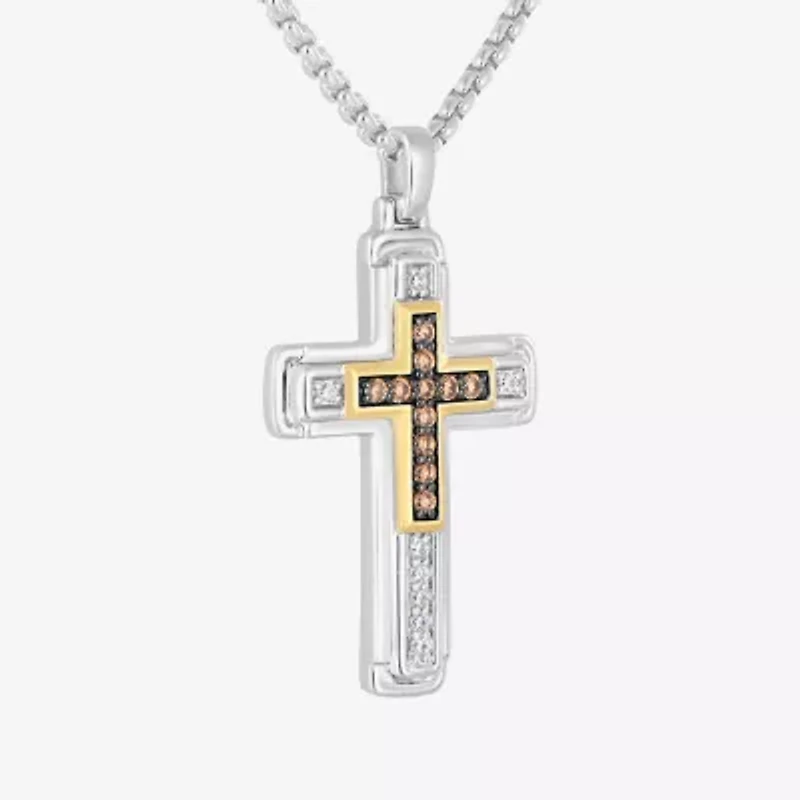 Mens 1/3 CT. T.W. Natural White Diamond 14K Gold Over Silver Sterling Silver Cross 22 Inch Pendant Necklace