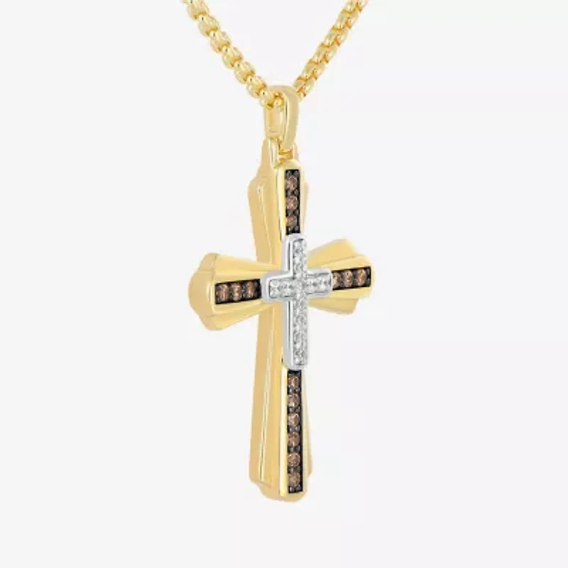 Mens 1/2 CT. T.W. Natural White Diamond 14K Gold Over Silver Cross 22 Inch Pendant Necklace