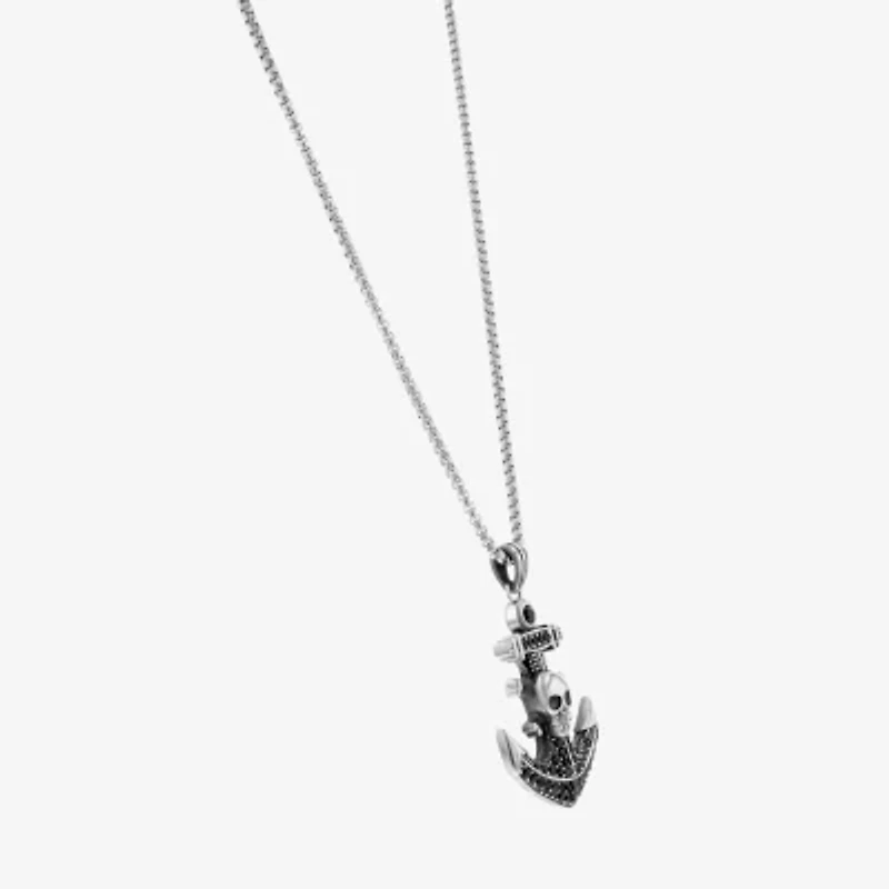Mens Black Zircon Stainless Steel Anchor Skull Hypoallergenic 26 Inch Pendant Necklace