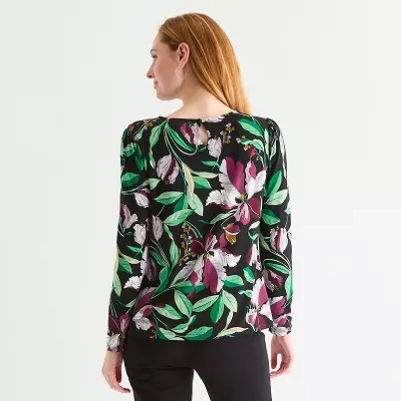 Liz Claiborne Womens Tall Crew Neck Long Sleeve Adaptive Blouse