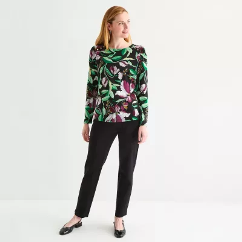 Liz Claiborne Womens Tall Crew Neck Long Sleeve Adaptive Blouse