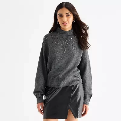 a.n.a Tall Womens Mock Neck Embellished Long Sleeve Pullover Sweater