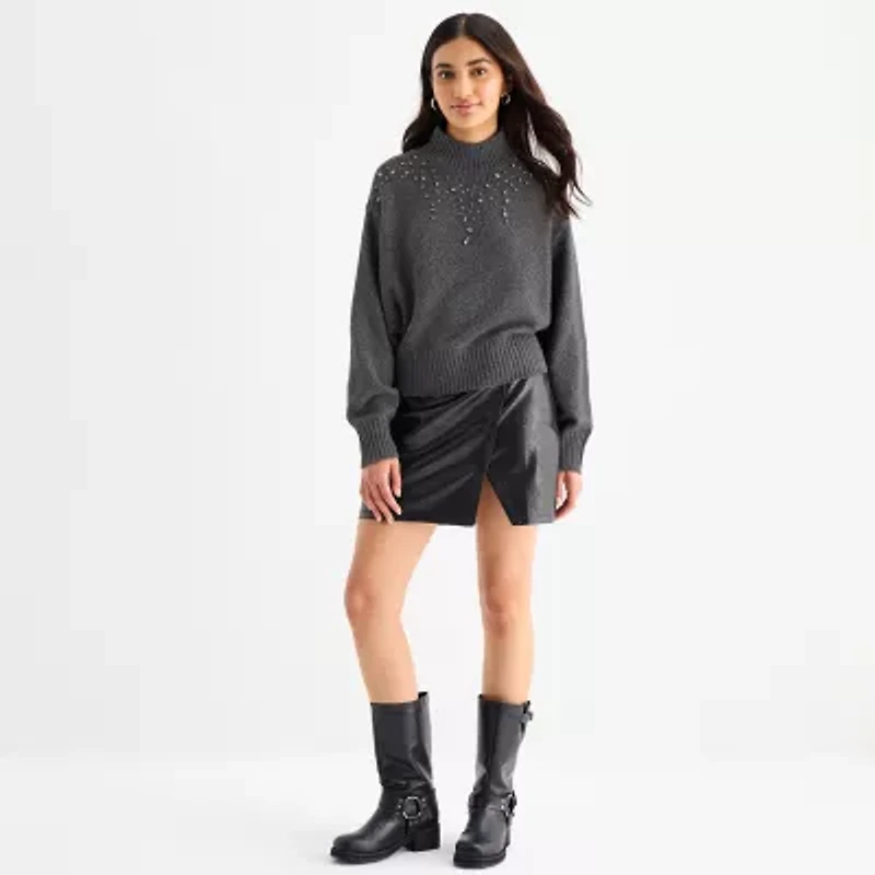a.n.a Tall Womens Mock Neck Embellished Long Sleeve Pullover Sweater