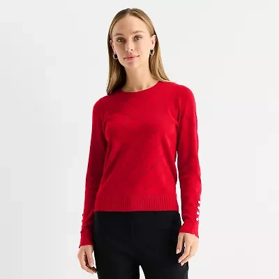 Liz Claiborne Womens Round Neck Long Sleeve Striped Pullover Sweater