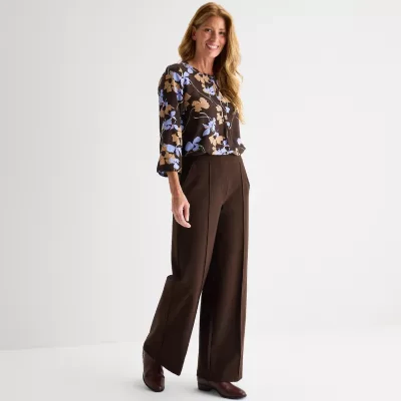 Liz Claiborne Womens Wide Leg Mid Rise Pull-On Pant