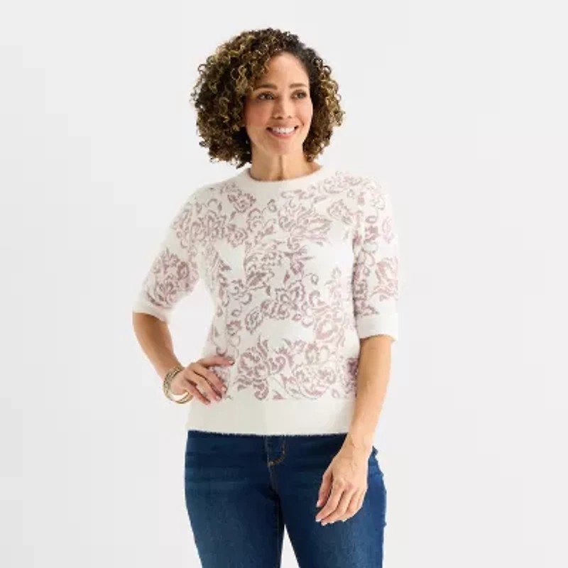 Liz Claiborne Womens Crew Neck Elbow Sleeve Floral Pullover Sweater