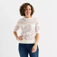 Liz Claiborne Womens Crew Neck Elbow Sleeve Floral Pullover Sweater