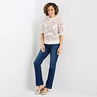 Liz Claiborne Womens Crew Neck Elbow Sleeve Floral Pullover Sweater