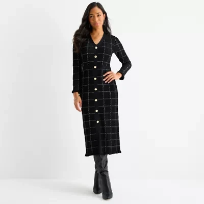 52seven Womens Long Sleeve Plaid Midi Sweater Dress