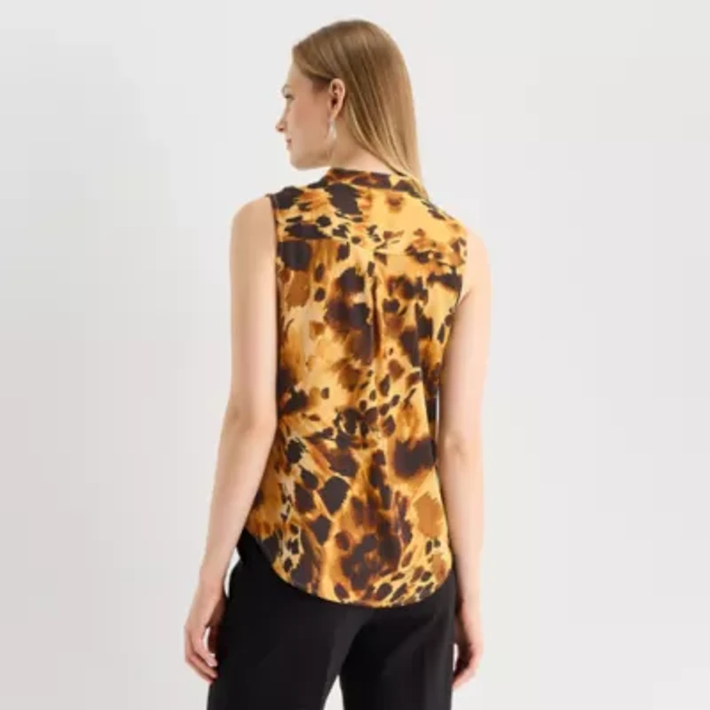 Worthington Womens Henley Neck Sleeveless Satin Blouse