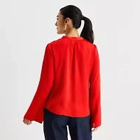 Worthington Womens Henley Neck Long Sleeve Satin Blouse