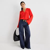 Worthington Womens Henley Neck Long Sleeve Satin Blouse