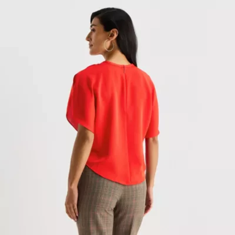 Worthington Womens Crew Neck Short Sleeve Satin Blouse