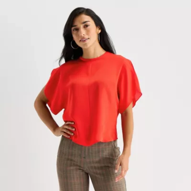 Worthington Womens Crew Neck Short Sleeve Satin Blouse