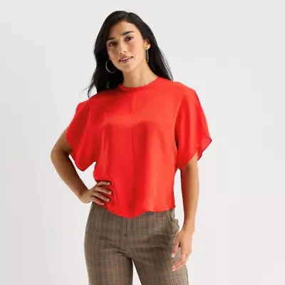 Worthington Womens Crew Neck Short Sleeve Satin Blouse