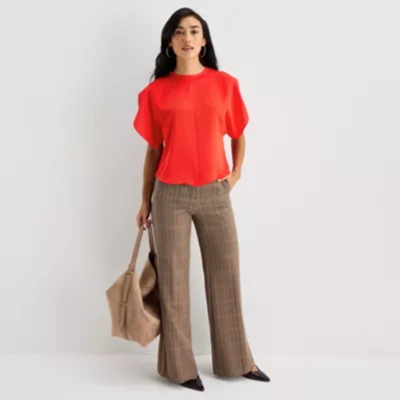 Worthington Womens Crew Neck Short Sleeve Satin Blouse