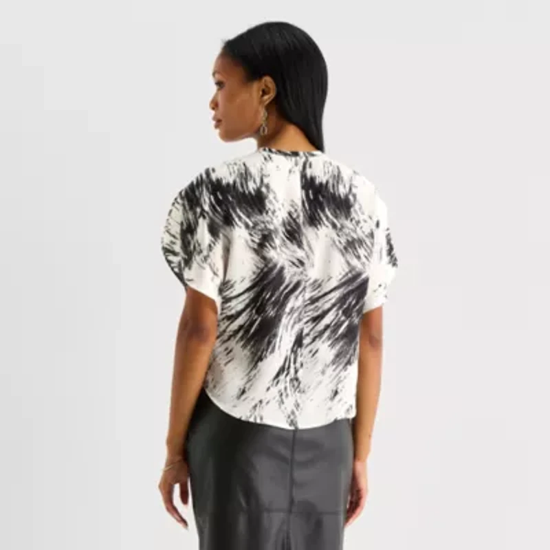 Worthington Womens Crew Neck Short Sleeve Satin Blouse