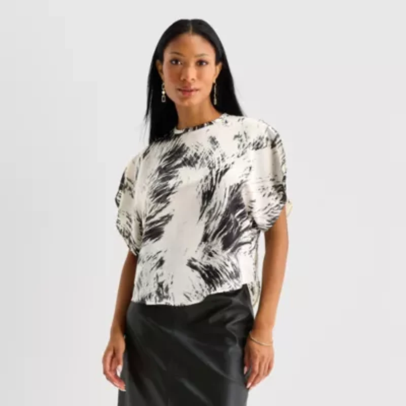 Worthington Womens Crew Neck Short Sleeve Satin Blouse