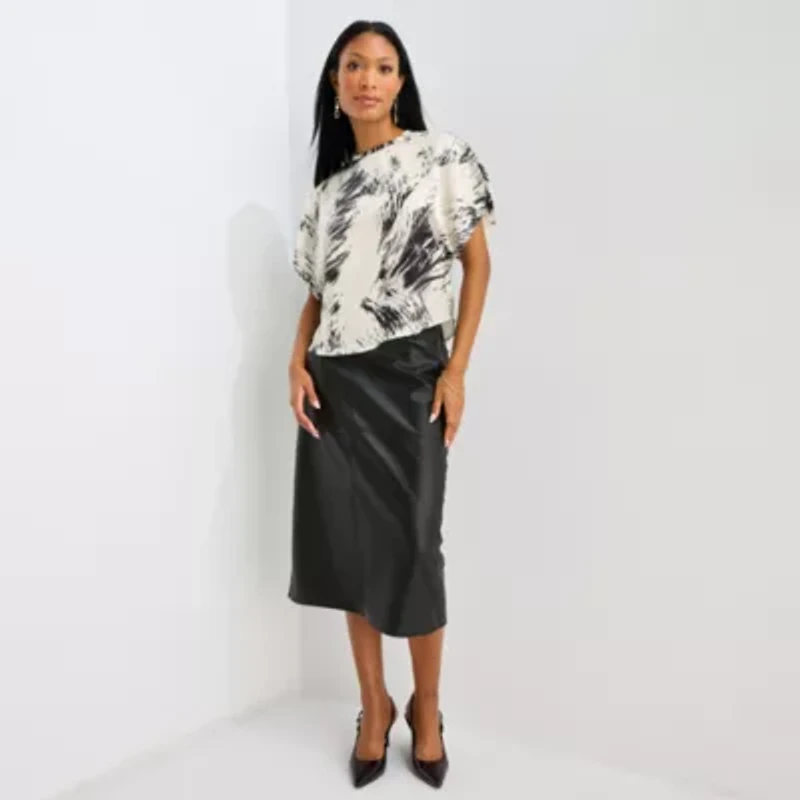 Worthington Womens Crew Neck Short Sleeve Satin Blouse