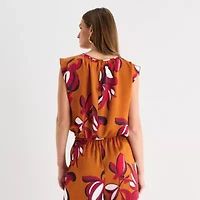 Worthington Womens Round Neck Short Sleeve Satin Blouse