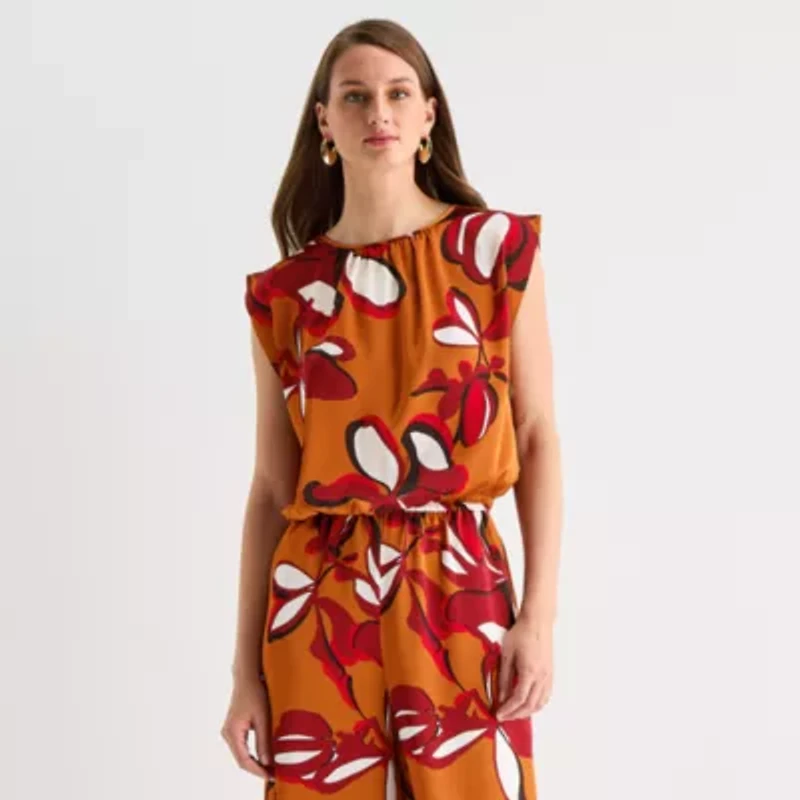 Worthington Womens Round Neck Short Sleeve Satin Blouse