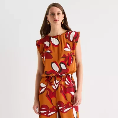 Worthington Womens Round Neck Short Sleeve Satin Blouse