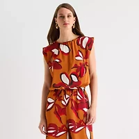 Worthington Womens Round Neck Short Sleeve Satin Blouse