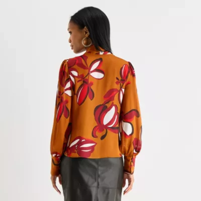 Worthington Womens Split Tie Neck Long Sleeve Blouse