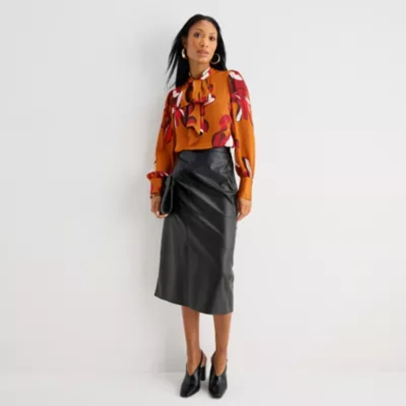 Worthington Womens Split Tie Neck Long Sleeve Blouse