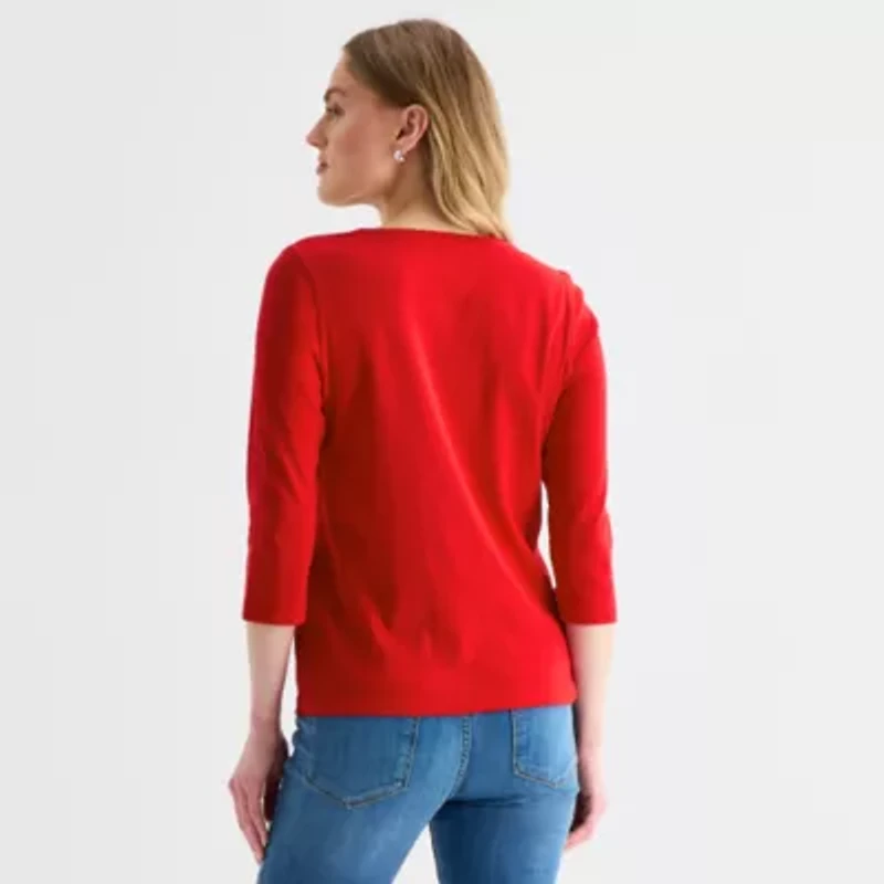 St. John's Bay Womens Easy-on + Easy-off V Neck 3/4 Sleeve Adaptive T-Shirt