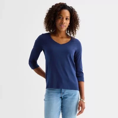 St. John's Bay Womens Easy-on + Easy-off V Neck 3/4 Sleeve Adaptive T-Shirt