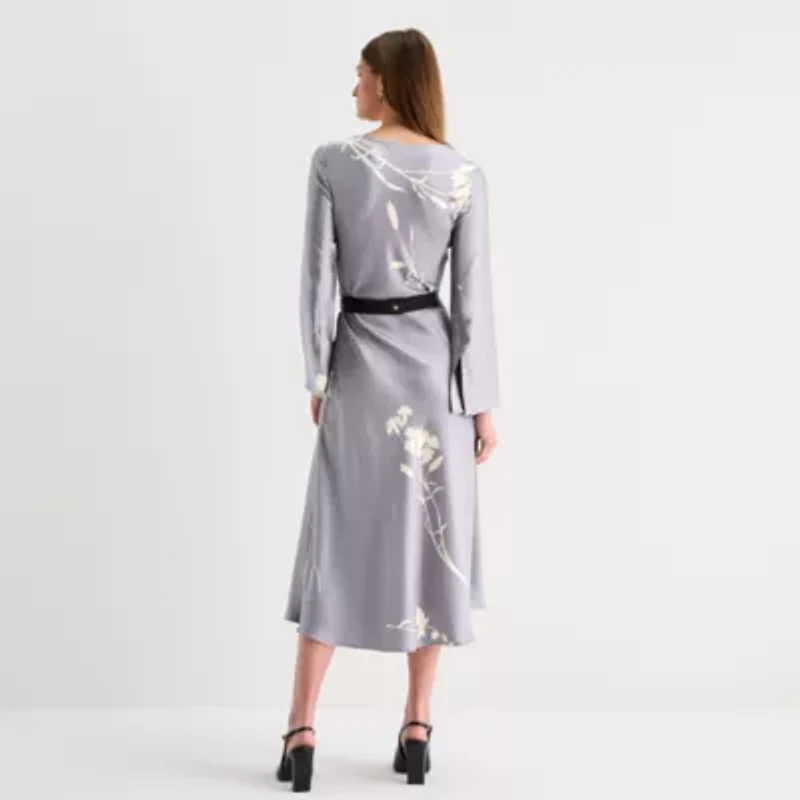 Worthington Womens Long Sleeve Floral Satin A-Line Dress