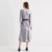 Worthington Womens Long Sleeve Floral Satin A-Line Dress